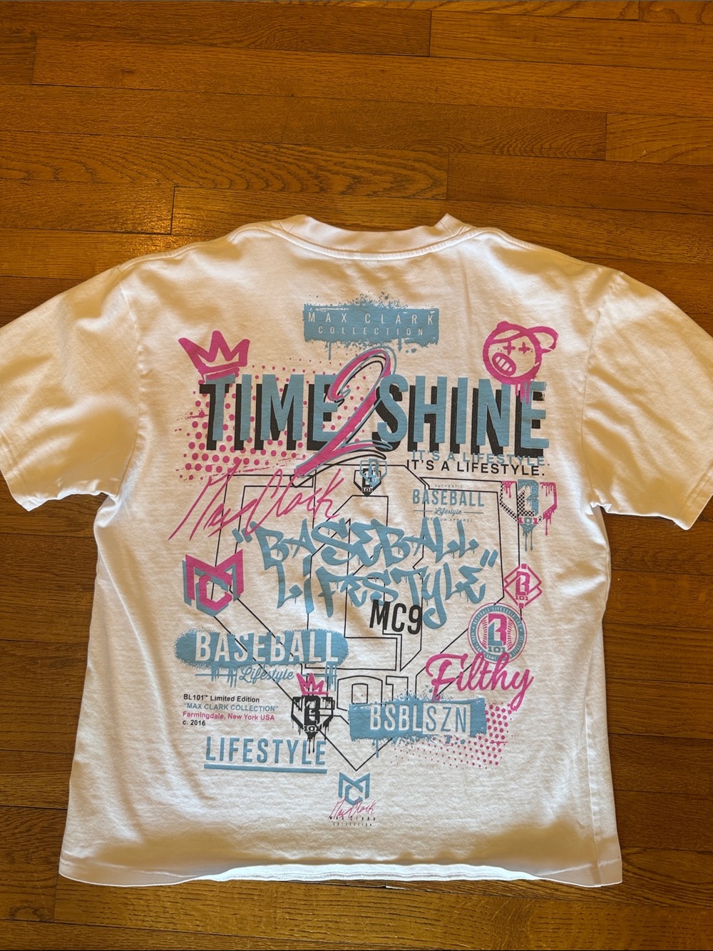Max Clark Time2Shine Graphic Tee - White with Pink & Blue Print-